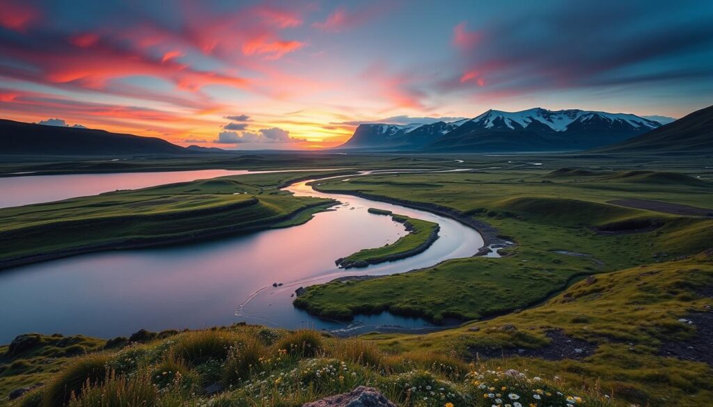 A breathtaking Icelandic landscape bathed in the warm glow of the midnight sun. In the foreground, a serene lake reflects the vibrant hues of the sky, with rolling hills and snow-capped peaks in the distance. The middle ground features a meandering river cutting through lush, verdant meadows, dotted with wildflowers. Ambient lighting casts a soft, ethereal atmosphere, highlighting the natural beauty of the scene. A wide-angle lens captures the sweeping grandeur, inviting the viewer to immerse themselves in the tranquility of this prime time to explore Iceland's wonders. voyage islande : rivière serpentant dans une vallée verdoyante au coucher du soleil, montagnes enneigées et ciel spectaculaire en Islande