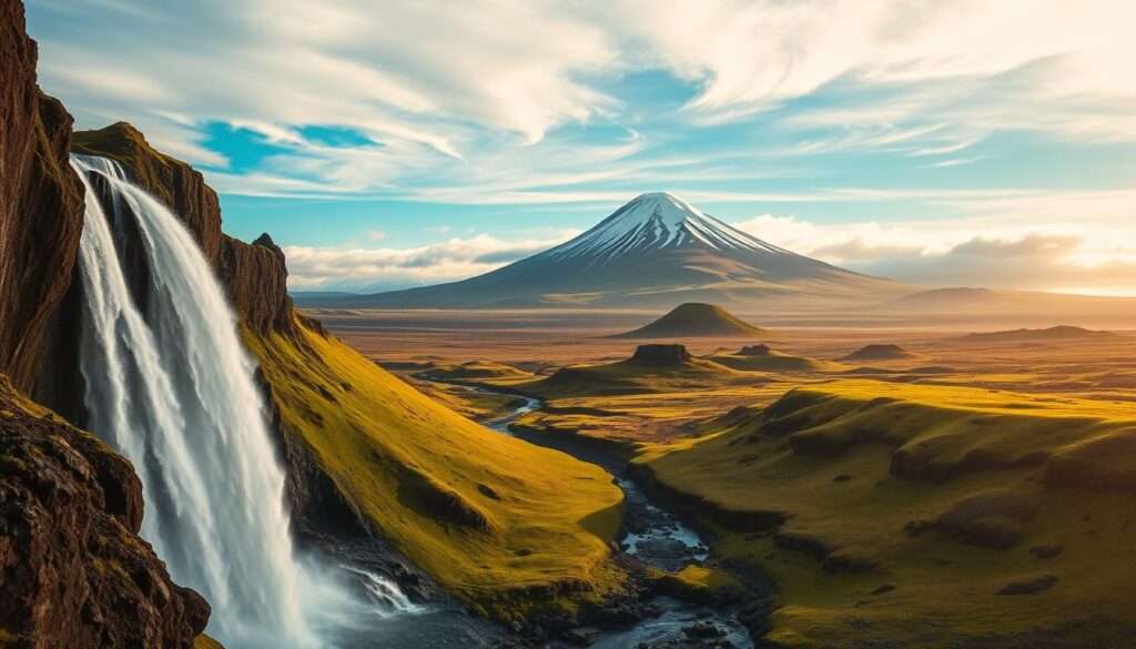 A breathtaking landscape of Iceland's most iconic attractions, captured in a panoramic view. In the foreground, a majestic waterfall cascades over rugged cliffs, its thunderous roar echoing through the serene valley. In the middle ground, rolling hills blanketed in vibrant green moss and dotted with ancient lava formations. In the distance, the imposing silhouette of a snow-capped volcano rises against a vast, azure sky, its jagged peaks piercing the clouds. The scene is bathed in soft, golden light, creating a warm, inviting atmosphere that invites the viewer to explore this land of enchanting natural wonders. Realistic, highly detailed, cinematic lighting, 8K resolution. voyage islande : grande cascade islandaise, rivière serpentant dans la vallée, montagnes et ciel lumineux du Cercle d’Or en Islande