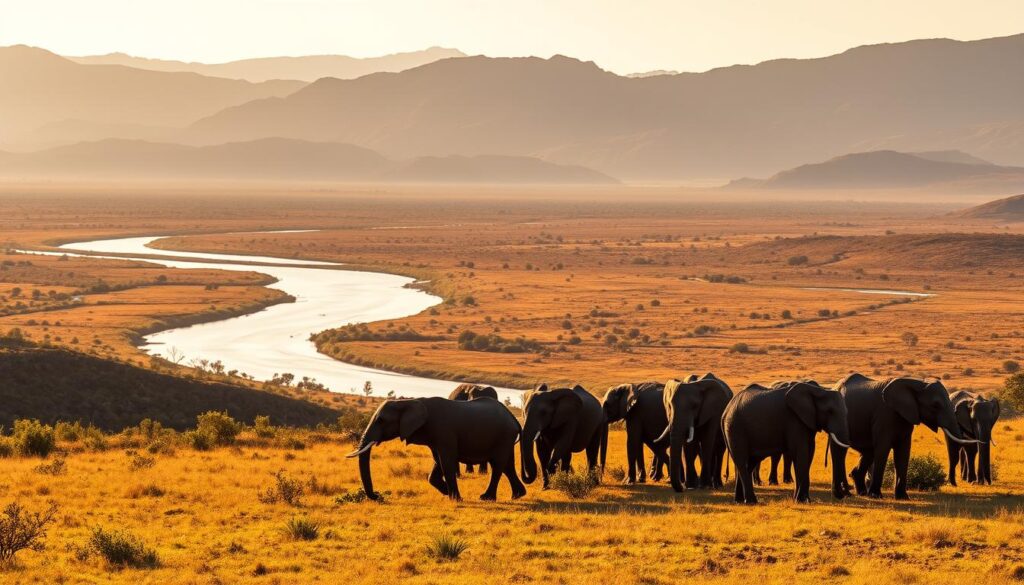 A breathtaking landscape of the Kruger National Park in South Africa, captured under a warm, golden hour sunlight. In the foreground, a herd of majestic elephants grazes peacefully, their trunks swaying in the gentle breeze. The middle ground features a winding river, its waters reflecting the vibrant hues of the surrounding savanna. In the distance, rugged mountains rise, their peaks bathed in a soft, hazy glow. The scene conveys a sense of tranquility and the grandeur of Africa's natural wonders, perfect for showcasing this iconic South African destination. Troupeau d’éléphants marchant près d’une rivière au coucher du soleil dans le parc national Kruger