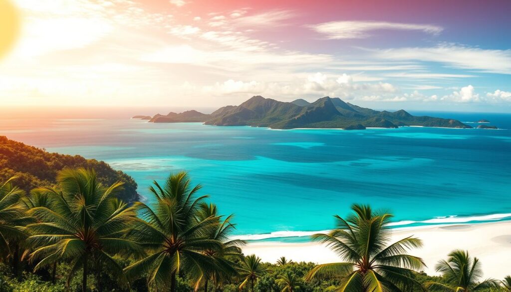 A breathtaking panoramic view of the stunning Seychelles archipelago, captured under a vibrant tropical sky. In the foreground, a pristine white sand beach fringed with swaying palm trees, the warm turquoise waters of the Indian Ocean lapping gently at the shore. The midground features verdant, granite-strewn hills rising up in the distance, their slopes blanketed in lush, verdant foliage. In the background, a scattering of picturesque islands dot the horizon, their peaks shrouded in wispy clouds. The scene is bathed in a warm, golden glow, creating a serene and inviting atmosphere that captures the essence of this idyllic island paradise. seychelles voyage : plage de sable blanc, palmiers et eaux turquoise, panorama sur une île des Seychelles sous un ciel coloré et ensoleillé