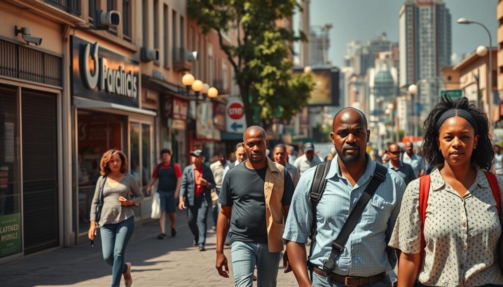 A bustling street in a South African city, with pedestrians navigating through the urban landscape. In the foreground, a group of commuters walks purposefully, their expressions cautious yet determined. The middle ground features a mix of local shops, restaurants, and businesses, their facades adorned with security cameras and protective grilles. In the background, high-rise buildings and a vibrant cityscape create a sense of scale and density. The lighting is a combination of natural daylight and warm, inviting streetlamps, casting long shadows and creating a sense of depth. The overall atmosphere conveys a need for vigilance and awareness, yet also a resilient community spirit. Scène de rue animée avec des habitants marchant en centre-ville
