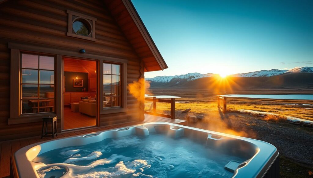 A cozy cabin nestled in the heart of the Icelandic wilderness, its wooden exterior warmed by the golden glow of the setting sun. In the foreground, a steaming hot tub beckons, surrounded by a picturesque landscape of rolling hills, snow-capped peaks, and a distant azure lake. The cabin's interior is visible through large windows, showcasing a rustic yet inviting atmosphere, complete with a roaring fireplace and plush furnishings. The scene exudes a sense of tranquility and relaxation, capturing the essence of the Icelandic experience. A cozy cabin nestled in the heart of the Icelandic wilderness, its wooden exterior warmed by the golden glow of the setting sun. In the foreground, a steaming hot tub beckons, surrounded by a picturesque landscape of rolling hills, snow-capped peaks, and a distant azure lake. The cabin's interior is visible through large windows, showcasing a rustic yet inviting atmosphere, complete with a roaring fireplace and plush furnishings. The scene exudes a sense of tranquility and relaxation, capturing the essence of the Icelandic experience.