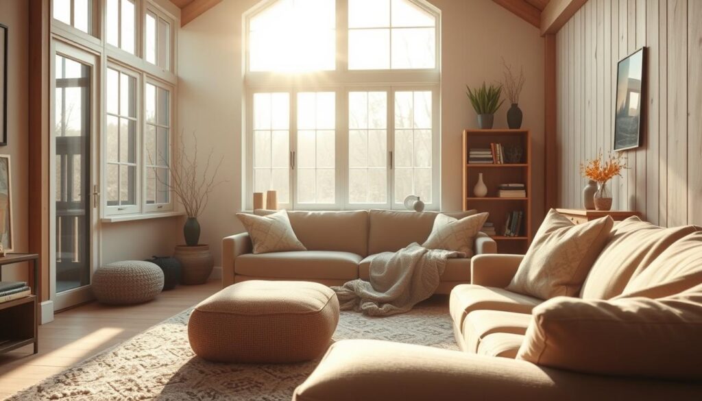 Salon lumineux et cosy mettant en valeur l’isolation performante, grandes fenêtres et murs bien isolés, confort thermique optimal et décoration chaleureuse, exemple de maison à haute performance énergétique