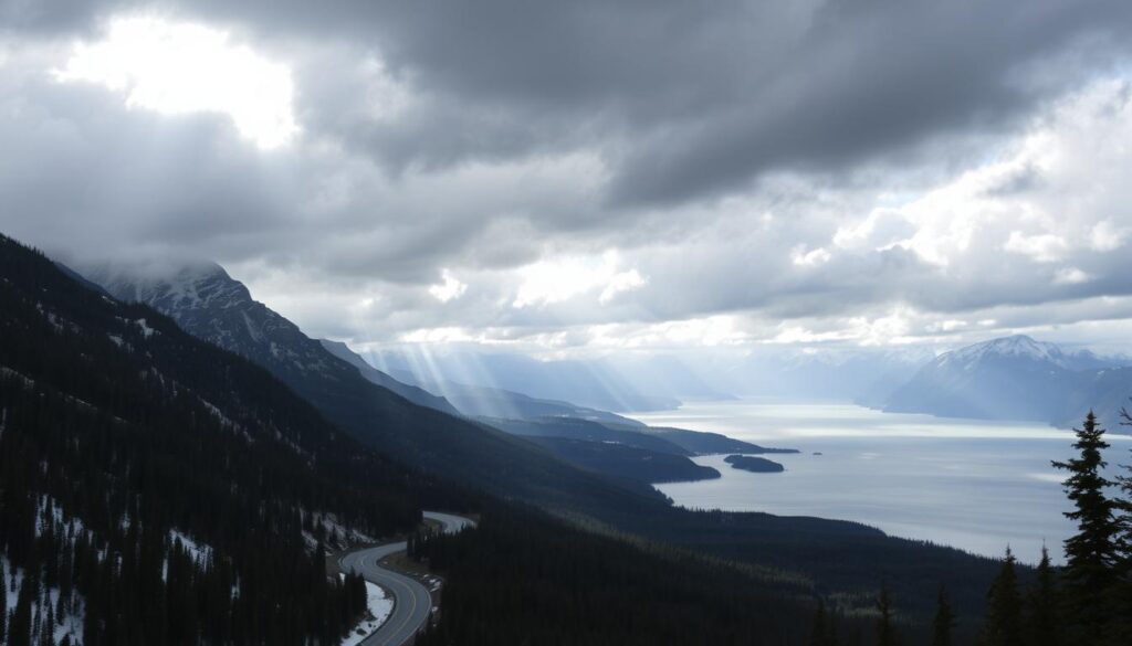 A dramatic landscape under a brooding, cloudy sky, showcasing the varied climate conditions of Canada. In the foreground, a winding mountain road snakes through rugged, snow-capped peaks. Towering evergreen forests flank the road, their deep green hues contrasting with the stark white of the snow. Beams of light pierce the gloomy clouds, casting dramatic shadows and highlights across the scene. In the distance, a vast, pristine lake reflects the moody sky, its calm waters rimmed by windswept pines. The overall atmosphere is one of untamed, majestic nature - a testament to the varied and often harsh, yet stunningly beautiful, climates of Canada. Route enneigée serpentant entre montagnes et lac sous un ciel nuageux au Canada