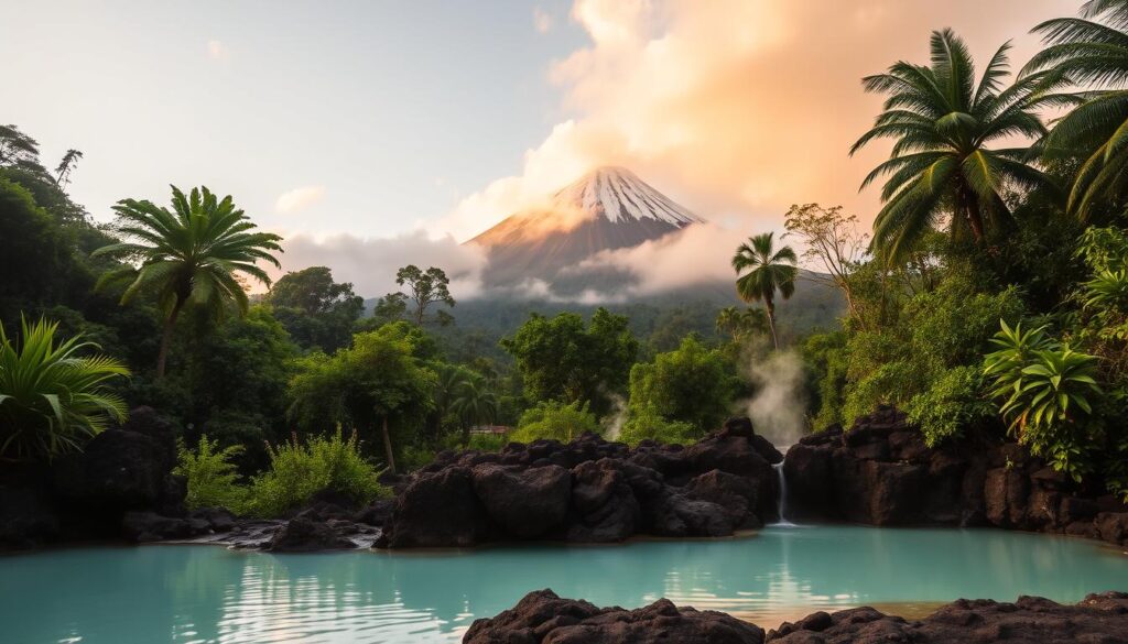 A lush, tropical landscape in Costa Rica's La Fortuna region, showcasing the Arenal volcano and its steaming hot springs. In the foreground, crystalline turquoise pools surrounded by lush, verdant foliage and weathered volcanic rock formations. Overhead, the majestic Arenal volcano rises dramatically, its snow-capped peak piercing the misty, golden-hued sky. The scene is bathed in warm, soft lighting, creating a serene and tranquil atmosphere, inviting the viewer to immerse themselves in the natural wonder of this geothermal oasis. Volcan Arenal au Costa Rica, sources chaudes naturelles entourées de végétation tropicale et ciel au lever du jour — voyage costa rica