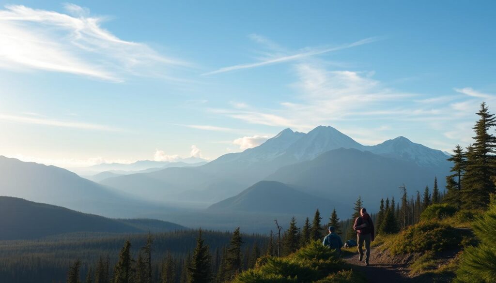 A panoramic landscape showcasing the natural beauty of Canada. In the foreground, a group of hikers traversing a lush, verdant forest, their silhouettes backlit by the golden glow of the sun filtering through the canopy. In the middle ground, a majestic mountain range rises up, their snow-capped peaks reaching towards the heavens. The background is dominated by a vast, azure sky, dotted with wispy clouds that cast gentle shadows across the scene. The lighting is soft and diffused, creating a sense of tranquility and wonder. The camera angle is slightly elevated, allowing the viewer to take in the grandeur of the Canadian wilderness in a cinematic, almost dreamlike perspective. Randonnée au bord d’un lac avec montagnes