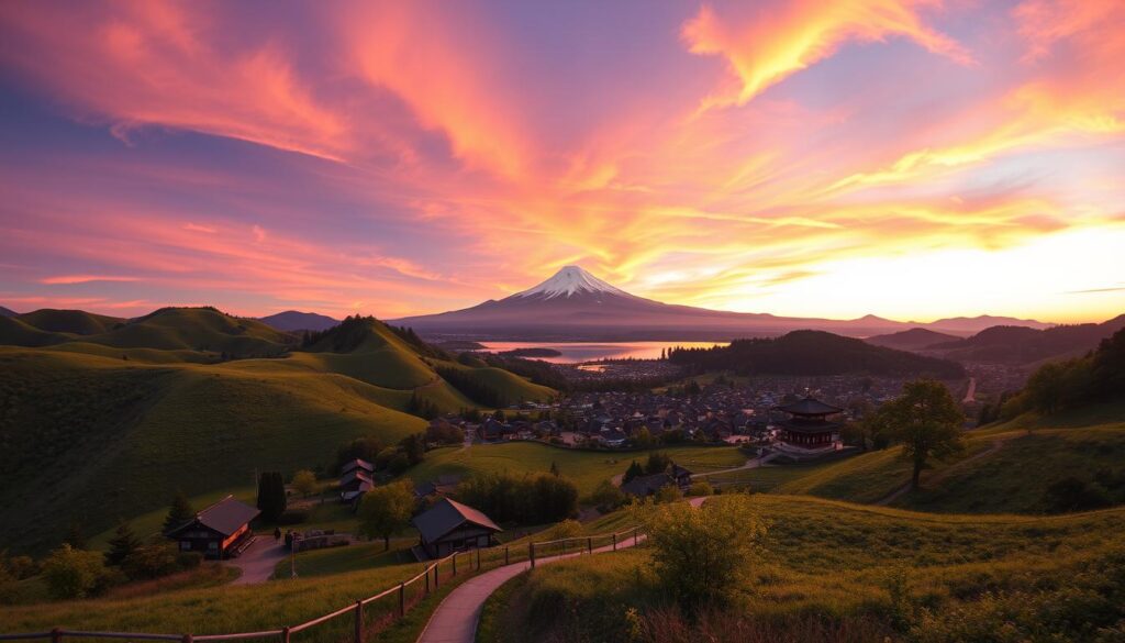 A panoramic vista of the serene Japanese countryside unfolds, with rolling hills blanketed in lush greenery. In the foreground, a winding path leads through a quaint village, its traditional wooden houses and temples bathed in the warm glow of the setting sun. In the middle ground, a majestic snow-capped mountain peak stands tall, its reflection mirrored in a tranquil lake. The sky is ablaze with vibrant hues of orange, pink, and purple, creating a breathtaking atmosphere of tranquility and wonder. The overall scene evokes a sense of timeless beauty and the allure of Japan's natural splendor, inviting the viewer to embark on a captivating journey. voyage au japon : village japonais entre collines verdoyantes et mont Fuji, ciel coloré au coucher du soleil, paysage typique et paisible du Japon