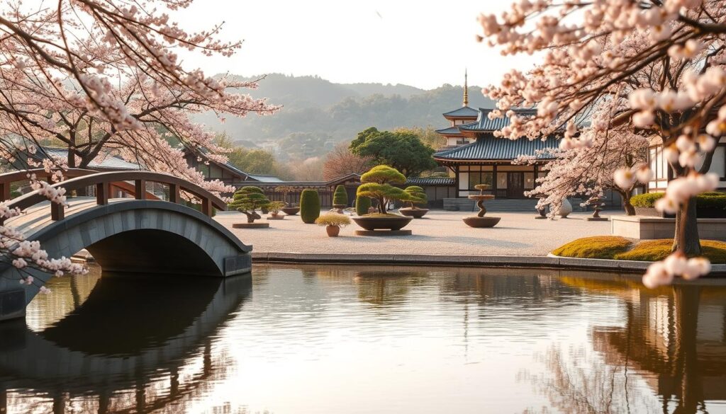 A peaceful, traditional scene in Kyoto, Japan. In the foreground, a tranquil pond reflects the graceful curves of an arched stone bridge and the delicate pink blossoms of cherry trees. In the middle ground, a serene Japanese garden unfolds, with carefully manicured bonsai trees, carefully raked gravel paths, and a serene pavilion overlooking the scene. In the background, the iconic silhouettes of traditional pagodas and the hilly, verdant landscape create a sense of timeless beauty. The lighting is soft and diffused, casting a warm, golden glow over the entire composition. The overall atmosphere is one of calm, contemplation, and the timeless allure of Japanese culture. voyage au japon : temple traditionnel de Kyoto entouré de cerisiers en fleurs, pont arqué et jardin japonais paisible sous le printemps