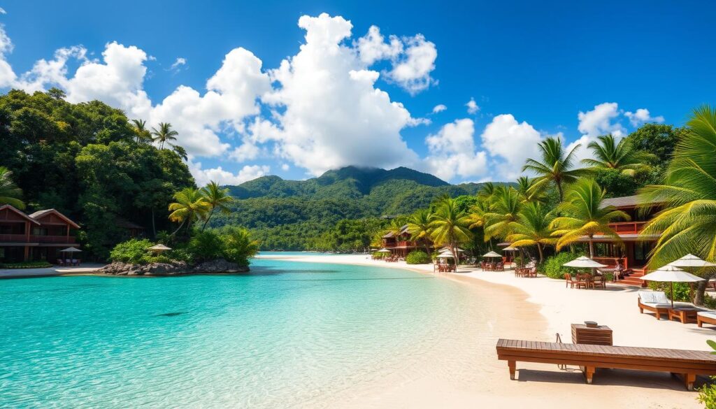 A picturesque beachfront resort nestled amidst lush tropical foliage on a private island in the Seychelles. Elegant bungalows with thatched roofs and large balconies overlook a pristine turquoise lagoon. Guests lounge on white sand beaches, dip in the crystal-clear waters, and enjoy alfresco dining under the shade of swaying palm trees. Warm sunshine and a gentle breeze create a serene, relaxing atmosphere. In the background, verdant hills rise up, capped by a brilliant azure sky dotted with fluffy white clouds. The entire scene exudes a sense of tranquility and luxury, perfectly capturing the essence of Seychelles accommodation. seychelles voyage : bungalows de luxe sur plage de sable blanc, palmiers, lagon turquoise et montagne verdoyante aux Seychelles sous le soleil
