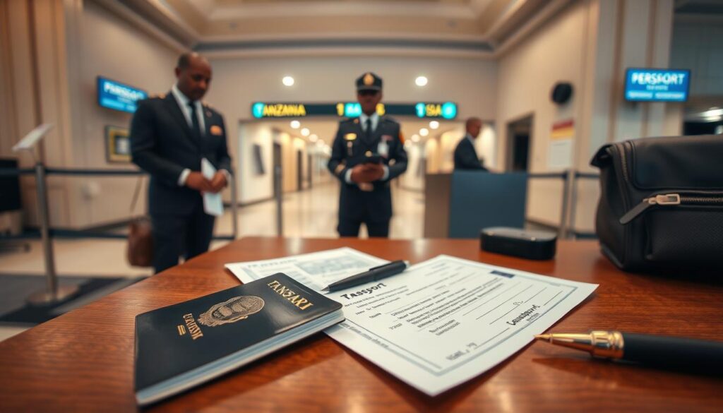 A professional, official-looking scene capturing the administrative formalities required for a Tanzania trip. In the foreground, a traveler's passport and visa documents are laid out on a wooden desk, with a pen and stamping device nearby. In the middle ground, a uniformed immigration officer stands behind a counter, stamping a passport. The background depicts the entrance to an airport terminal, with architectural details and international signage. Warm, muted lighting creates a serious, authoritative atmosphere, conveying the importance of these travel formalities. Captured with a wide-angle lens to provide a comprehensive view of the process. tanzanie voyage : formalités de visa à l’aéroport, passeports et formulaires sur le comptoir avec agents de contrôle à l’arrivée en Tanzanie