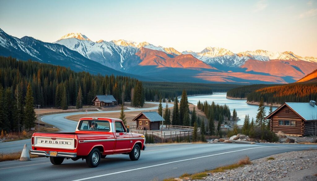 A scenic Canadian road trip through breathtaking landscapes, with a winding highway cutting through rugged mountains, dense forests, and pristine lakes. In the foreground, a classic red and white pickup truck navigates the open road, its driver taking in the panoramic vistas. The middle ground features a picturesque roadside rest stop, complete with a quaint log cabin and a small wooden bridge over a babbling brook. In the distance, snow-capped peaks rise majestically, their icy tips gleaming under the warm, golden sunset light. The overall mood is one of adventure, tranquility, and the pure, untamed beauty of the Canadian wilderness. Pick-up rouge sur une route panoramique devant un lac et des montagnes canadiennes