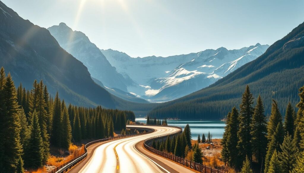 A scenic highway winds through majestic mountains, their snow-capped peaks reflecting in a glimmering lake. The road, known as the Trans-Canada Highway, cuts through lush evergreen forests, offering breathtaking vistas at every turn. Sunlight filters through the trees, casting a warm, golden glow over the landscape. In the distance, towering peaks rise up, their rugged slopes dotted with hiking trails. The image captures the essence of a quintessential Canadian road trip, showcasing the natural beauty and grandeur of this legendary route. Route panoramique bordée de forêts et de montagnes enneigées longeant un lac bleu au Canada