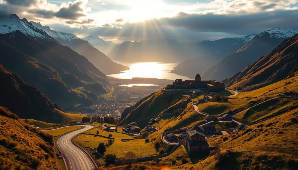 A scenic view of the Peruvian Andes in the golden hour, with majestic snow-capped peaks framing the landscape. In the foreground, a winding road leads through lush, verdant valleys dotted with traditional Andean villages. In the middle ground, a shimmering lake reflects the warm, vibrant colors of the sky, while in the distance, ancient Inca ruins stand tall, silhouetted against the horizon. The image conveys a sense of timeless wonder and the perfect blend of natural and cultural beauty, capturing the essence of the best time to visit Peru. Village de montagne éclairé par les rayons du soleil couchant, entouré de vallées et sommets enneigés