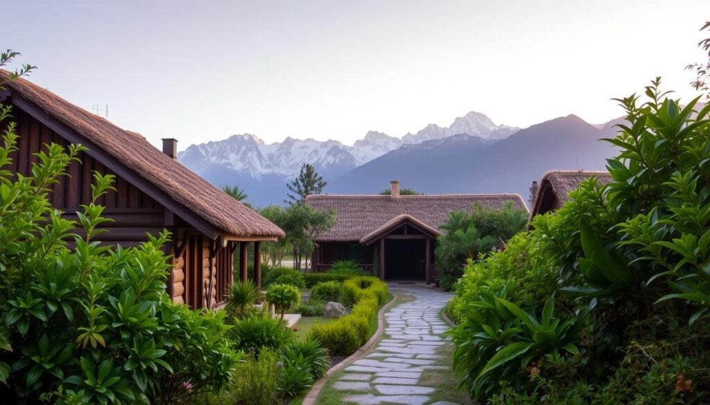 A serene, eco-friendly Peruvian lodge nestled amidst lush, verdant foliage. The foreground showcases the rustic, wooden exterior with a thatched roof, seamlessly blending with the natural surroundings. In the middle ground, a winding path leads to the inviting entrance, flanked by vibrant, indigenous flora. The background depicts the majestic Andes mountains, their snow-capped peaks piercing the horizon under a warm, golden-hour sky. The overall scene radiates a sense of tranquility and harmony, embodying the essence of a sustainable, immersive Peruvian lodging experience. Éco-lodge en bois au cœur de la Vallée Sacrée, entouré de verdure et de montagnes, idéal pour un voyage authentique au Pérou.