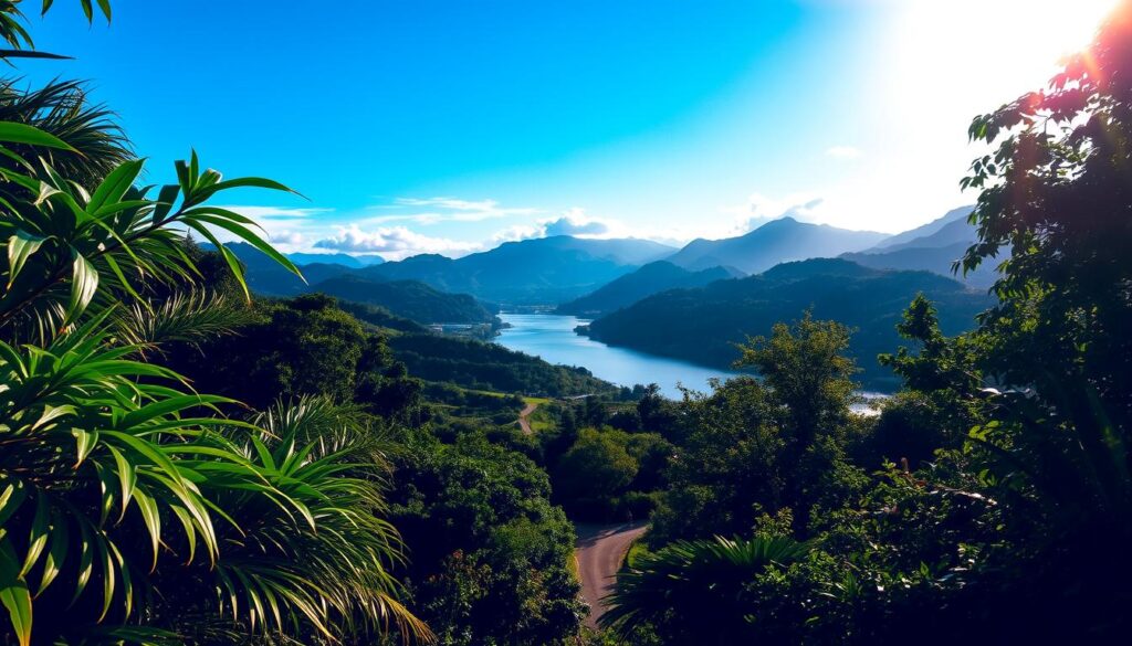 A serene landscape in Costa Rica, captured under the warm glow of the sun. In the foreground, lush tropical foliage sways gently, inviting exploration. In the middle ground, a winding path leads towards a tranquil river, its crystal-clear waters reflecting the surrounding verdant hills. In the background, majestic mountains rise up, their peaks capped with wispy clouds. The scene is illuminated by soft, diffused lighting, creating a sense of natural harmony and inviting the viewer to embark on a captivating voyage through this idyllic Central American destination. Paysage du Costa Rica : vue sur une rivière entourée de forêts tropicales et montagnes sous le soleil — voyage costa rica