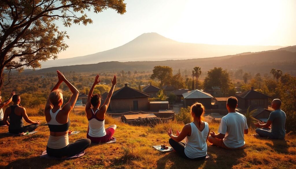 A serene landscape in Tanzania, with a stunning view of Mount Kilimanjaro in the distance. In the foreground, a group of people are engaged in various health-conscious activities, such as stretching, meditating, and enjoying a healthy meal. The midground features a traditional Tanzanian village, with colorful buildings and lush vegetation. The background is bathed in warm, golden sunlight, creating a peaceful and rejuvenating atmosphere. The overall scene conveys a sense of well-being and the importance of maintaining good health while exploring the natural wonders of Tanzania. tanzanie voyage : groupe pratiquant le yoga face à une montagne au lever du soleil, cadre naturel paisible dans un lodge en Tanzanie