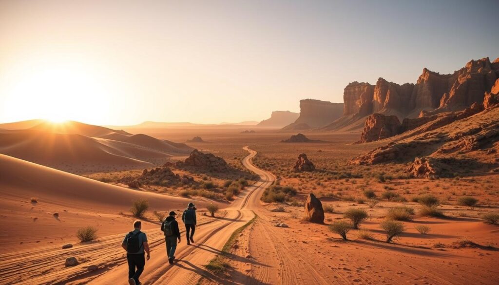 A stunning landscape of the Namibian wilderness, captured with a wide-angle lens under a dramatic golden hour sky. In the foreground, a group of adventurous travelers embark on an epic journey, silhouetted against the towering sand dunes that stretch endlessly into the horizon. The middle ground features a winding dirt road leading through a surreal, sun-dappled valley, flanked by weathered rock formations and sparse, hardy vegetation. In the background, the iconic, jagged peaks of the Namib Desert rise up, their rugged beauty accentuated by the warm, diffused lighting. The scene exudes a sense of timeless exploration, inviting the viewer to imagine the boundless possibilities and unforgettable experiences that await in this captivating, otherworldly destination. Randonneurs marchant sur une piste de sable doré, grandes dunes et formations rocheuses sous le soleil dans le désert de Namibie