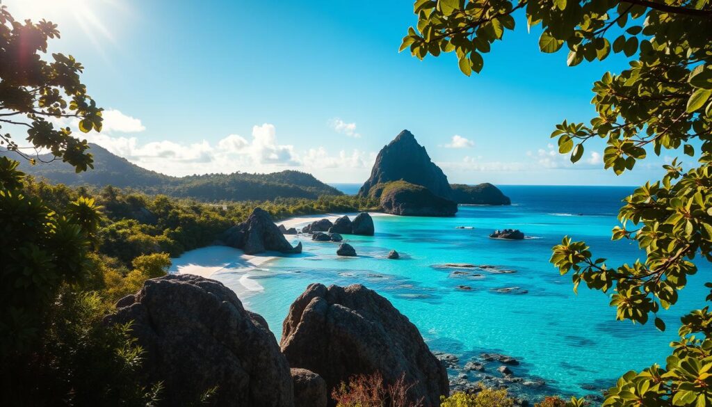 A sun-drenched tropical paradise, the Seychelles in its prime season. Idyllic azure waters lapping against powdery white sand beaches, framed by lush, verdant foliage. Towering granite boulders dotting the coastline, casting dramatic shadows as the sun dips low in the sky. Vibrant coral reefs teeming with a kaleidoscope of marine life, beckoning snorkelers and divers. A gentle breeze carries the scent of exotic flora, as locals and tourists alike bask in the warm, languid ambiance. Capture the essence of this dream destination, the perfect time to visit the Seychelles. seychelles voyage : côte sauvage avec rochers noirs, eau turquoise et végétation luxuriante sous un ciel bleu dramatique aux Seychelles