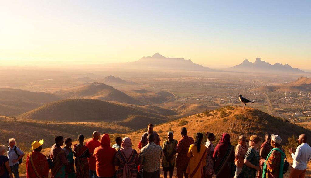 A sweeping panorama of South Africa's diverse landscapes, bathed in warm, golden light. In the foreground, a group of locals gather, dressed in vibrant, traditional attire, engaged in lively conversation. The middle ground reveals rolling hills dotted with lush greenery, while the distant horizon is dominated by the majestic silhouettes of iconic Table Mountain and the iconic Cape Peninsula. The scene exudes a sense of discovery, adventure, and cultural richness, inviting the viewer to explore the captivating wonders of this remarkable country. voyage en afrique du sud, groupe de voyageurs admirant le paysage au Cap