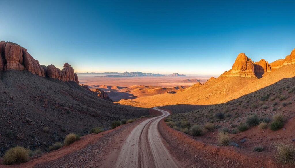 A sweeping panorama of the Namibian landscape, captured with a wide-angle lens to showcase the vast, undulating terrain. In the foreground, a winding dirt road snakes through a rugged, sun-baked valley, flanked by towering, weathered rock formations. In the middle ground, a majestic, sweeping vista of rolling hills and distant, hazy mountains, bathed in warm, golden light. The background fades into a cloudless, azure sky, creating a sense of depth and expansiveness. The overall scene conveys a feeling of adventure, solitude, and the sheer, awe-inspiring beauty of Namibia's natural wonders. Route sinueuse traversant paysages arides du désert namibien, formations rocheuses rouges et ciel bleu clair, ambiance d’aventure