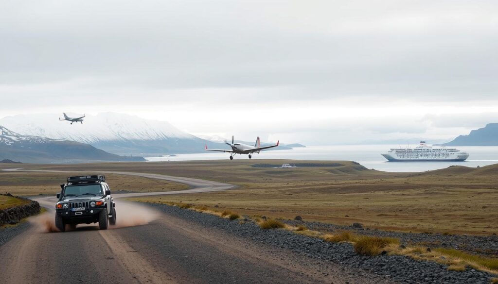 A sweeping vista of the rugged Icelandic landscape, with a variety of transportation modes dotting the scene. In the foreground, a sturdy four-wheel-drive vehicle navigates a winding gravel road, kicking up clouds of dust. In the middle ground, a small propeller plane takes off from a remote airstrip, its engine roaring against the backdrop of snow-capped mountains. In the distance, a ferry glides across a serene fjord, its wake glistening in the soft, diffused light of an overcast day. The atmosphere is one of adventure and exploration, capturing the essence of traversing the diverse and awe-inspiring terrain of Iceland. voyage islande : 4x4 roulant sur piste, avion en approche et bateau de croisière près des montagnes islandaises sous un ciel nuageux