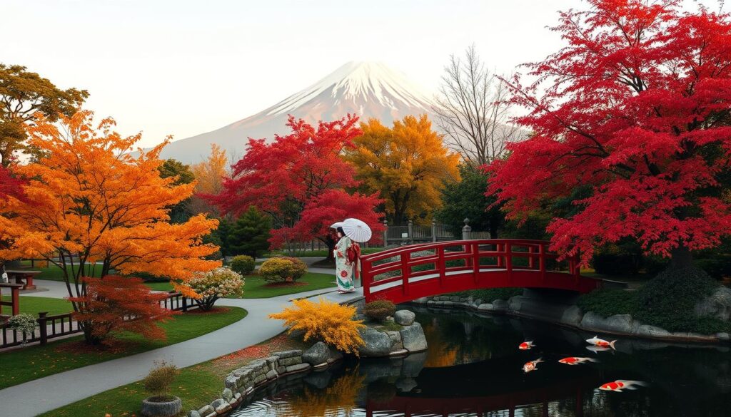 A tranquil Japanese landscape in autumn, with a serene garden path winding through vibrant foliage of maple and ginkgo trees. The foreground features a traditional red wooden bridge arching over a koi pond, its surface gently rippling. In the middle ground, a pair of geisha in colorful kimonos stroll along the path, their parasols providing a delicate contrast. The background showcases the iconic silhouette of Mount Fuji, its snow-capped peak bathed in golden evening light. The entire scene is suffused with a warm, soft focus and a sense of timeless elegance, capturing the essence of the best time to visit Japan. voyage au japon : femme en kimono sur pont rouge, jardin japonais fleuri de cerisiers et érables, carpes koi et mont Fuji enneigé au printemps