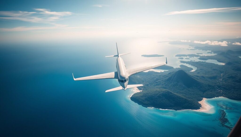 A tranquil aerial view of a commercial aircraft soaring over the crystalline blue waters and lush, verdant islands of the Seychelles archipelago. The plane's sleek silver fuselage and swept wings cut gracefully through the bright, sun-dappled sky, casting a long shadow upon the turquoise lagoons and pristine white-sand beaches below. Wispy cirrus clouds dot the horizon, complementing the serene, idyllic scene. The perspective captures the journey of arriving at this tropical paradise, emphasizing the anticipation and excitement of the Seychelles travel experience. seychelles voyage : avion survolant les îles, vue aérienne de Mahé et du littoral turquoise, symbole du départ vers un séjour aux Seychelles