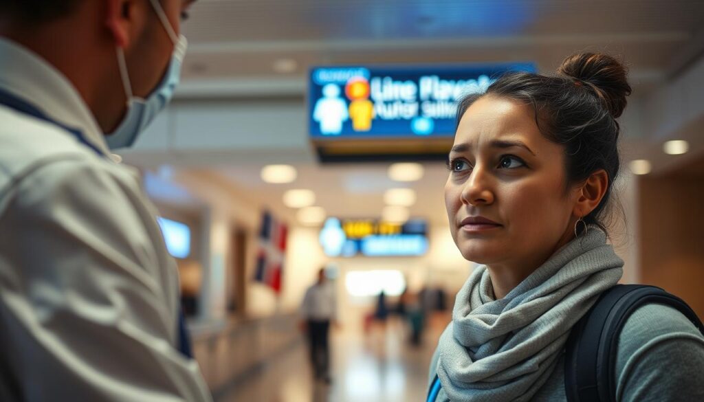 A tranquil scene of a person being assisted during a medical emergency while traveling abroad. In the foreground, a concerned traveler is being tended to by a medical professional, their face expressing a sense of reassurance. The middle ground features a backdrop of an airport terminal or a hotel lobby, with a warm, muted lighting creating a soothing atmosphere. In the background, subtle details suggest an international setting, such as signage in multiple languages or flags from different countries. The composition conveys a feeling of safety, care, and the reliable support available through a comprehensive travel insurance policy. Consultation médicale à l'aéroport pour une voyageuse avec assistance Visa Premier — visa premier assurance voyage
