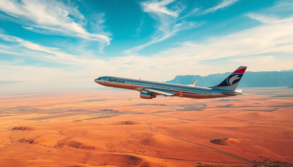 A vast, azure sky stretches overhead, dotted with wispy clouds. In the foreground, a sleek, silver commercial airliner soars gracefully, its swept wings cutting through the air. The plane's fuselage bears the distinctive colors and livery of an airline company, hinting at an exotic international destination. In the middle ground, rolling hills and vast savannas of the Namibian landscape unfold, their ochre hues contrasting with the vivid blue of the sky. Tall, majestic mountains rise in the distance, their peaks seemingly touching the heavens. The scene is bathed in warm, golden sunlight, creating a sense of adventure and possibility. This is the journey to Namibia, a land of boundless natural beauty. Avion de ligne survolant le désert rouge, ciel bleu parsemé de nuages, vue aérienne emblématique d’un voyage en Namibie