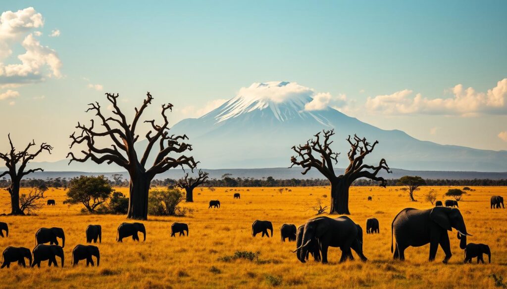 A vast, majestic landscape of the Tanzanian wilderness unfolds before the viewer. In the foreground, a herd of iconic African elephants graze peacefully, their massive forms silhouetted against the golden savanna. Towering baobab trees dot the middle ground, their twisted trunks casting dramatic shadows. In the distance, the snow-capped peak of Mount Kilimanjaro rises majestically, bathed in warm, diffused sunlight filtering through wispy clouds. The scene evokes a sense of wonder and tranquility, capturing the essence of Tanzania's natural beauty and the harmony between its wildlife and environment. tanzanie voyage : savane africaine avec troupeaux d’éléphants, baobabs majestueux et montagne enneigée à l’horizon sous un ciel lumineux