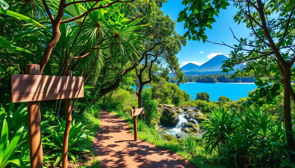A verdant 15-day Costa Rican itinerary unfolds before the viewer, captured through a wide-angle lens. In the foreground, a winding jungle path leads the eye deeper into the lush, sun-dappled canopy, its vibrant hues of emerald and jade complemented by the warm tones of weathered wooden signposts. The middle ground reveals a shimmering azure waterfall cascading over mossy rocks, while in the distance, the silhouettes of volcanic peaks rise majestically against a clear, cerulean sky. Soft, diffused lighting bathes the scene in a serene, dreamlike ambiance, inviting the viewer to embark on an unforgettable Costa Rican adventure. Sentier dans la jungle du Costa Rica, panneaux en bois, végétation tropicale luxuriante et vue sur un lac et des montagnes — voyage costa rica