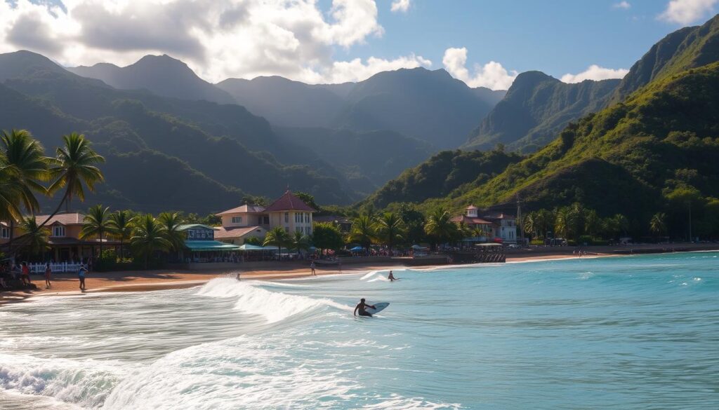 A vibrant coastal scene in Puerto Viejo, Costa Rica. In the foreground, a palm-fringed beach with turquoise waters lapping at the shore. Surfers ride the gentle waves, their silhouettes cutting through the sunlit spray. In the middle ground, a bustling seaside promenade lined with colorful buildings, lively cafes, and local artisan stalls. Towering jungle-clad hills rise in the background, their lush verdant slopes framing the tranquil tropical paradise. Warm, golden sunlight filters through wispy clouds, casting a dreamlike glow over the entire scene. Capture the laidback Caribbean vibe and the allure of outdoor adventure that defines the essence of this picturesque Costa Rican coastal town. Plage de Puerto Viejo au Costa Rica, surfeur sur l’eau, maisons colorées, palmiers et montagnes en arrière-plan — voyage costa rica