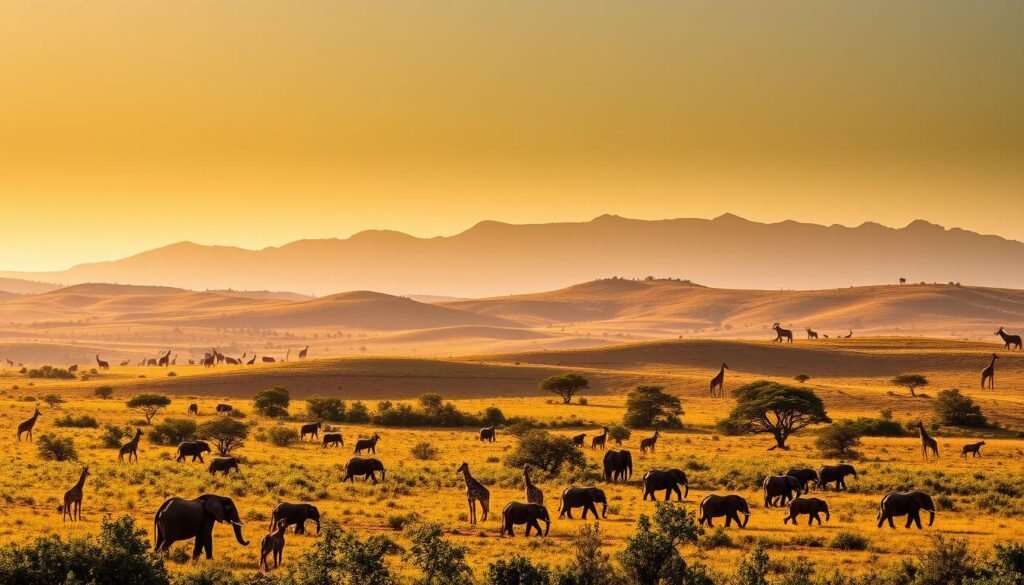 A vibrant landscape in South Africa, captured in the best season. In the foreground, a lush, verdant savanna teeming with diverse wildlife - majestic elephants, graceful giraffes, and a pride of lions basking in the warm, golden sunlight. The middle ground features rolling hills dotted with acacia trees, their silhouettes casting gentle shadows across the scene. In the background, a stunning mountain range rises majestically, its peaks shrouded in a soft, hazy mist. The overall atmosphere is one of tranquility and wonder, inviting the viewer to immerse themselves in the natural beauty of this captivating region during its optimal time of year. voyage en afrique du sud safari animaux savane
