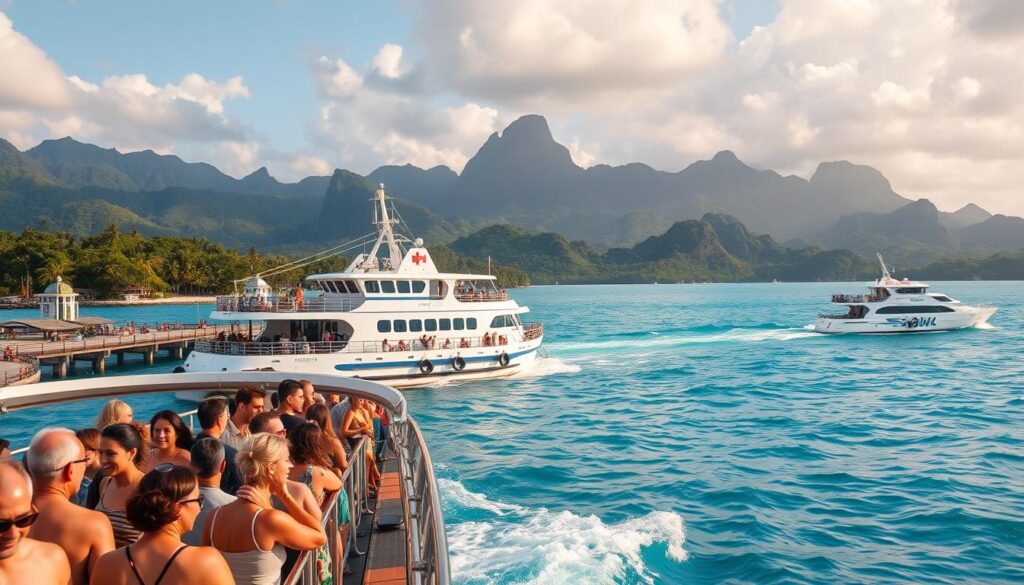 A vibrant scene of Seychelles ferries gliding across the azure waters, their sleek silhouettes reflecting the tropical sun. In the foreground, passengers eagerly board, their sun-kissed faces brimming with excitement. The middle ground showcases the bustling ferry terminal, its colonial-style architecture complementing the lush, palm-fringed landscape. In the background, verdant islands rise up, their rugged peaks cloaked in a hazy, dreamlike atmosphere. The image is bathed in a warm, golden light, creating a sense of tranquility and adventure, perfectly capturing the essence of exploring the Seychelles by ferry. seychelles voyage : ferry plein de voyageurs quittant le port, vue sur les montagnes de Mahé, eau turquoise et ciel lumineux aux Seychelles