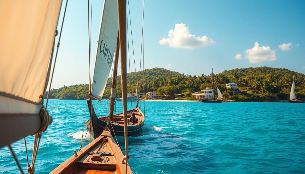 A vibrant, sun-drenched scene of a traditional dhow sailing vessel gliding across the azure waters of the Zanzibar archipelago. In the foreground, the ornate carving and billowing sails of the dhow command attention, while in the middle ground, the lush, verdant coastline of Zanzibar Island rises up, dotted with swaying palm trees and whitewashed buildings. In the distance, the horizon is framed by the silhouettes of other dhows, creating a sense of timeless tranquility. The lighting is warm and golden, casting a romantic glow over the entire composition, and the lens captures the scene with a slightly wide, cinematic perspective to emphasize the vast, unspoiled beauty of this legendary Tanzanian destination. tanzanie voyage : navigation en voilier sur les eaux turquoise de Zanzibar, plages de sable blanc et collines verdoyantes sous le soleil africain