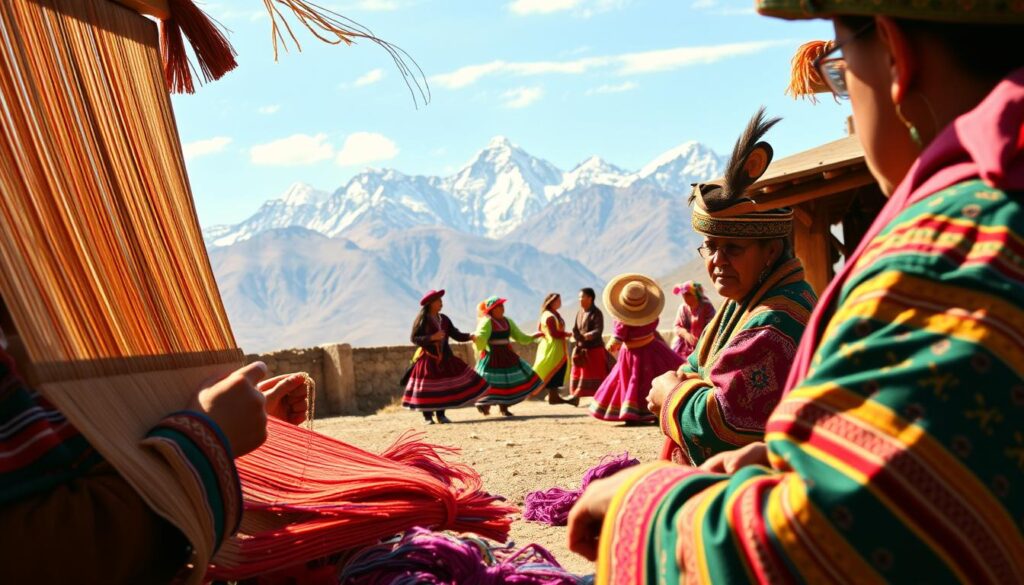 A vibrant tapestry of Andean culture unfolds, showcasing the rich heritage of Peru. In the foreground, a group of indigenous artisans weave intricate textiles, their nimble fingers masterfully manipulating vibrant threads. In the middle ground, a colorful procession of dancers twirls, adorned in traditional costumes that capture the essence of Peruvian folklore. The backdrop reveals the majestic Andes mountains, their snow-capped peaks reaching towards the heavens, symbolizing the grandeur and timelessness of this captivating land. Warm, natural lighting bathes the scene, evoking a sense of timelessness and authenticity. The overall composition conveys the deep-rooted cultural traditions and the harmonious blend of nature and human artistry that define the Peruvian experience. Scène de tissage traditionnel et femmes andines en costumes colorés dans un village de montagne au Pérou