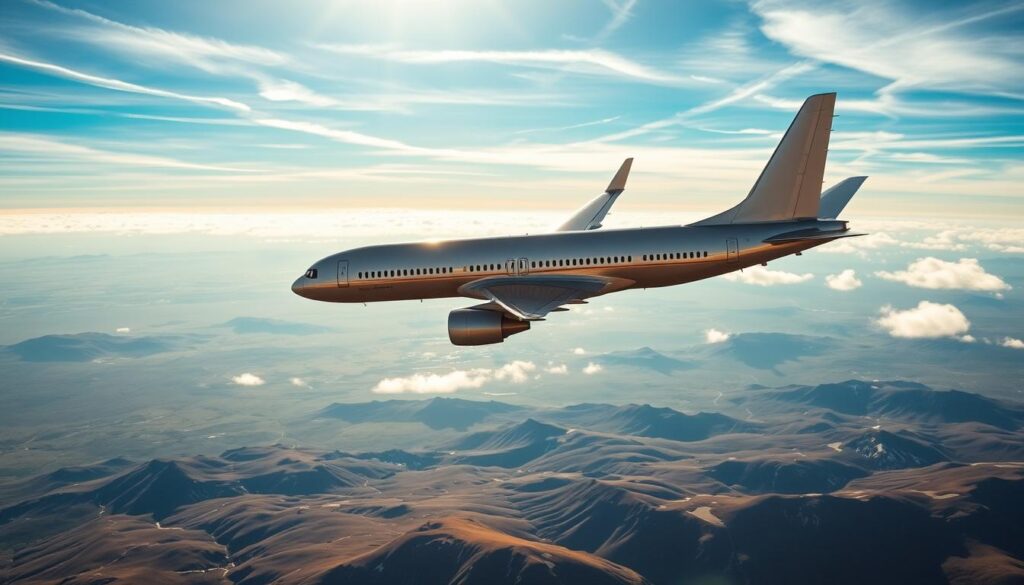 Soaring over the vast, rugged landscapes of Iceland, a commercial airliner glides gracefully through the crisp, azure skies. The aircraft's sleek silhouette casts a dynamic shadow upon the rolling hills and snow-capped mountains below, creating a mesmerizing juxtaposition of modern technology and the island's timeless natural beauty. Warm sunlight filters through wispy clouds, illuminating the plane's metallic fuselage and the intricate details of its wings and engines. The scene conveys a sense of effortless travel, inviting the viewer to imagine the journey to this extraordinary destination, where the wonders of Iceland await. voyage islande : avion de ligne survolant les montagnes islandaises sous un ciel bleu, départ ou arrivée en Islande pour un voyage inoubliable