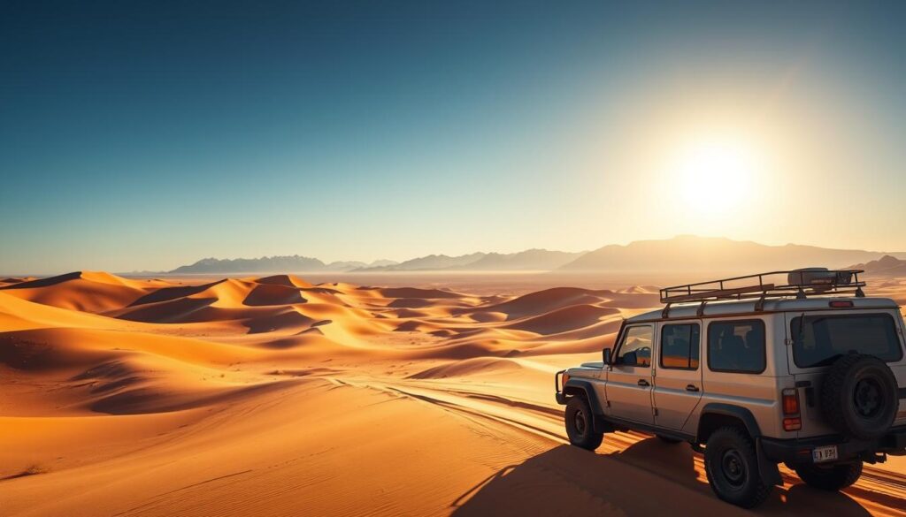 Vast, sun-drenched landscapes of Namibia's 4x4 adventure routes. Towering sand dunes cascade across the horizon, casting warm, golden shadows over the rugged terrain. In the foreground, a well-equipped 4x4 vehicle navigates the undulating trails, its tires gripping the soft sand with precision. Distant mountains loom, their jagged peaks reaching towards a cloudless, azure sky. The scene is bathed in the rich, directional light of the African sun, evoking a sense of isolation and exploration. Convey the thrill of traversing Namibia's untamed wilderness, as if through the lens of an experienced overlander. 4x4 tout-terrain sur piste sableuse, dunes dorées et soleil éclatant du désert, véhicule essentiel pour explorer la Namibie en liberté
